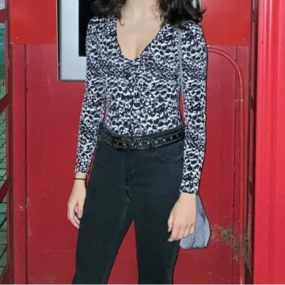Women's Black and White Leopard Print Bodysuit